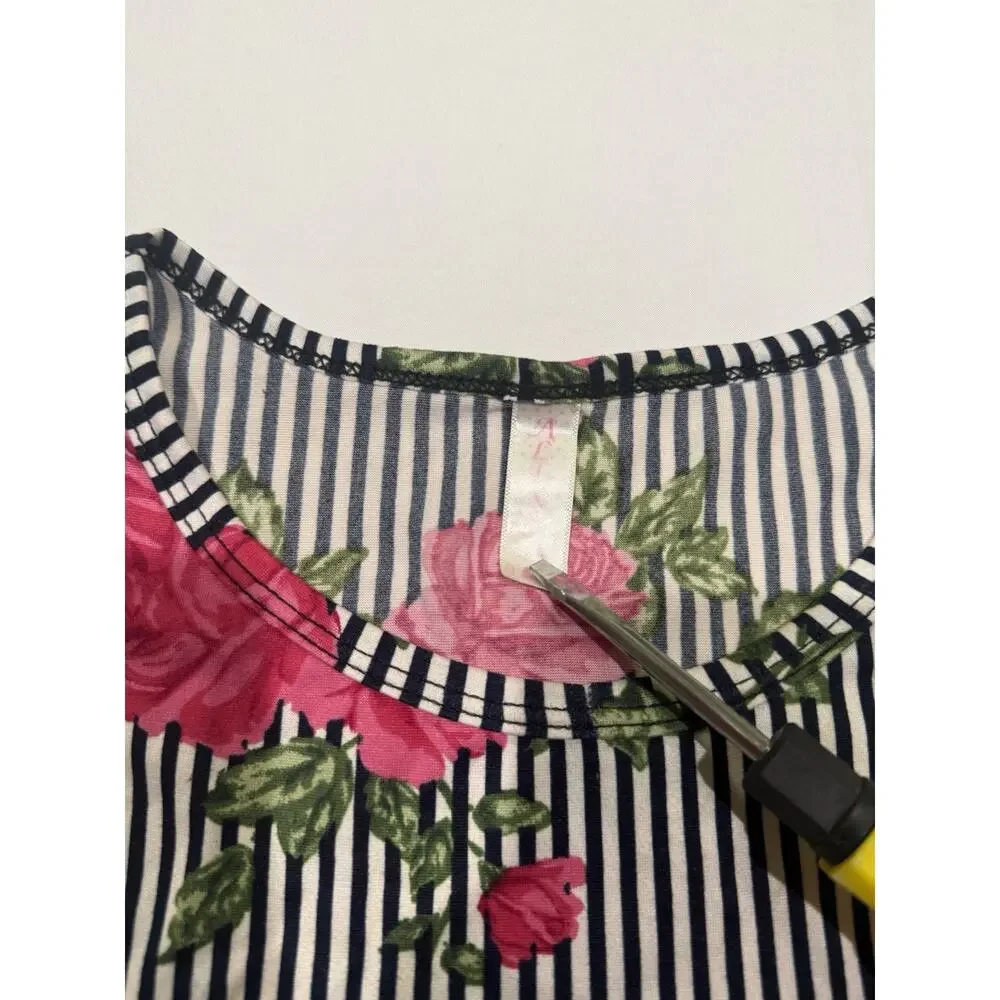 Women’s Floral Stripe Tunic Top Pink Rose Navy White Sleeveless Size M - Picture 2 of 4